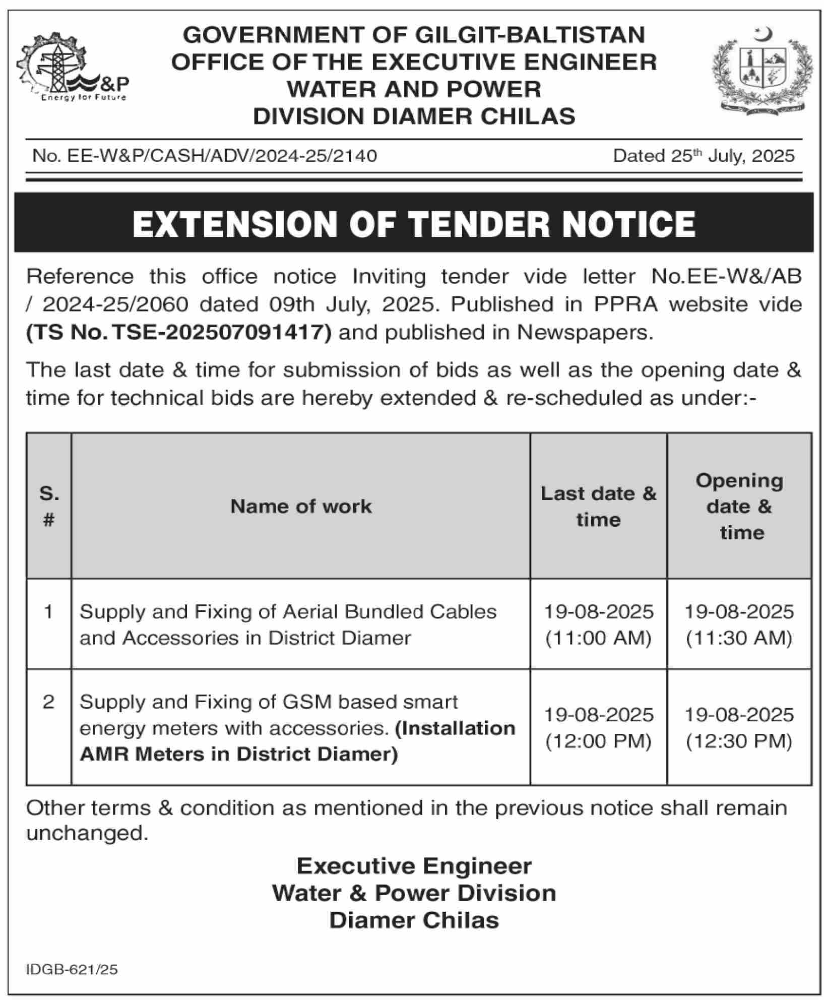 Water & Power Division Diamer Chilas Tender Notice